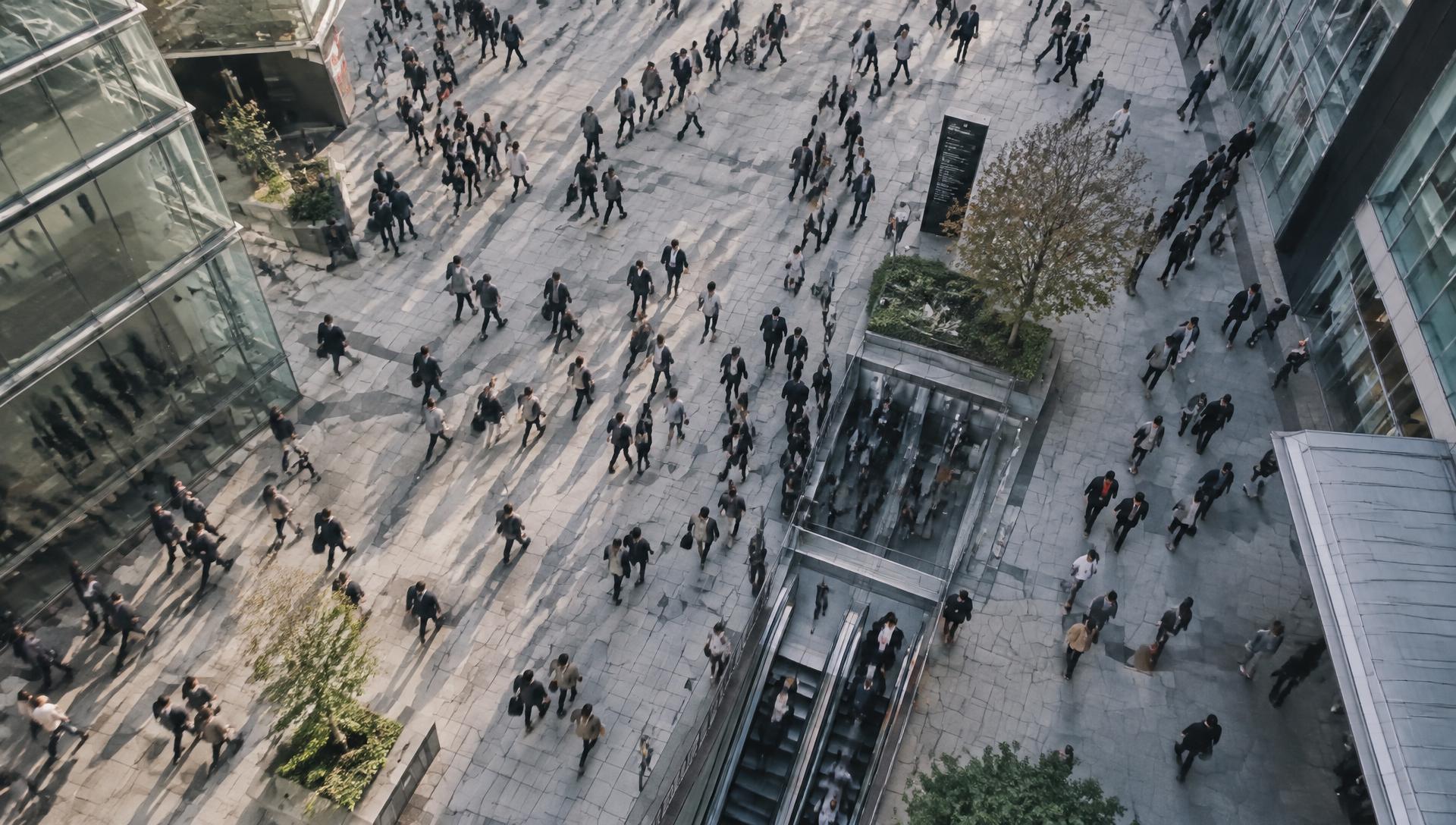 Aerial view of a real crowd of commuters crossing a city plaza